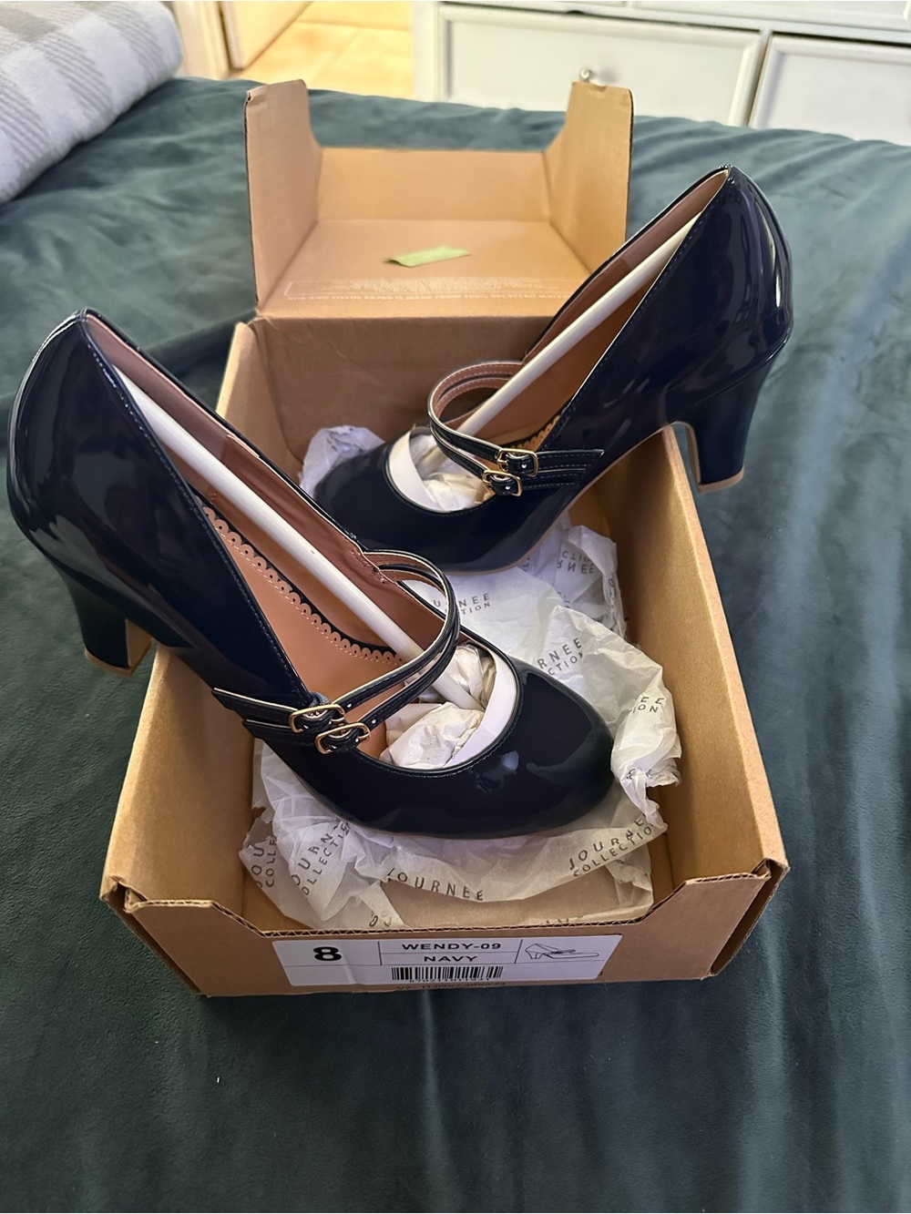 Classic Navy Patent Mary Jane Heels - Womens